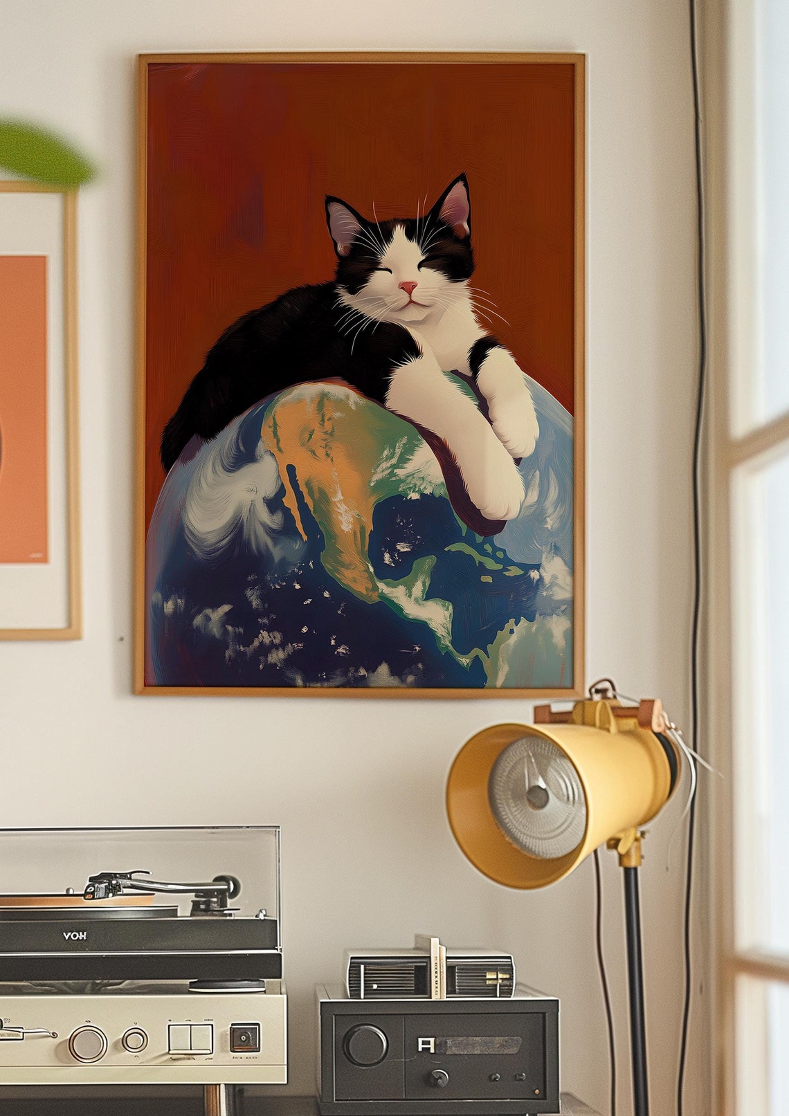 Black and White Tuxedo Cat Napping on Planet Earth Art Poster