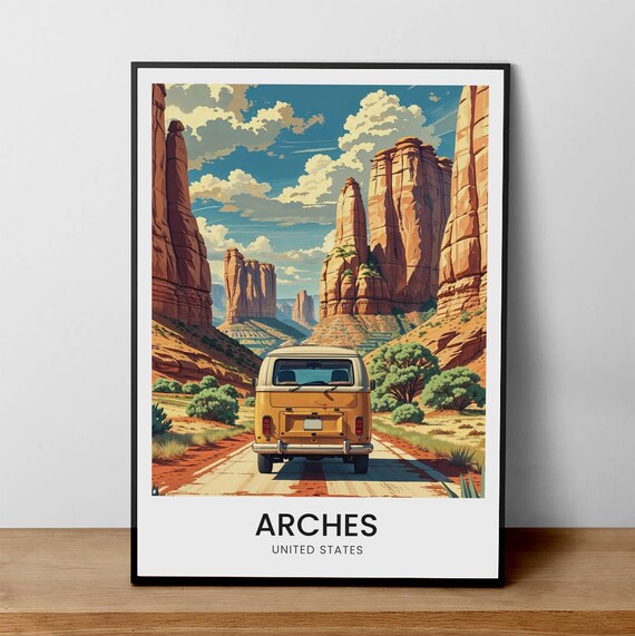 Arches National Park Utah Retro Camper Van Red Rock Road Trip Poster