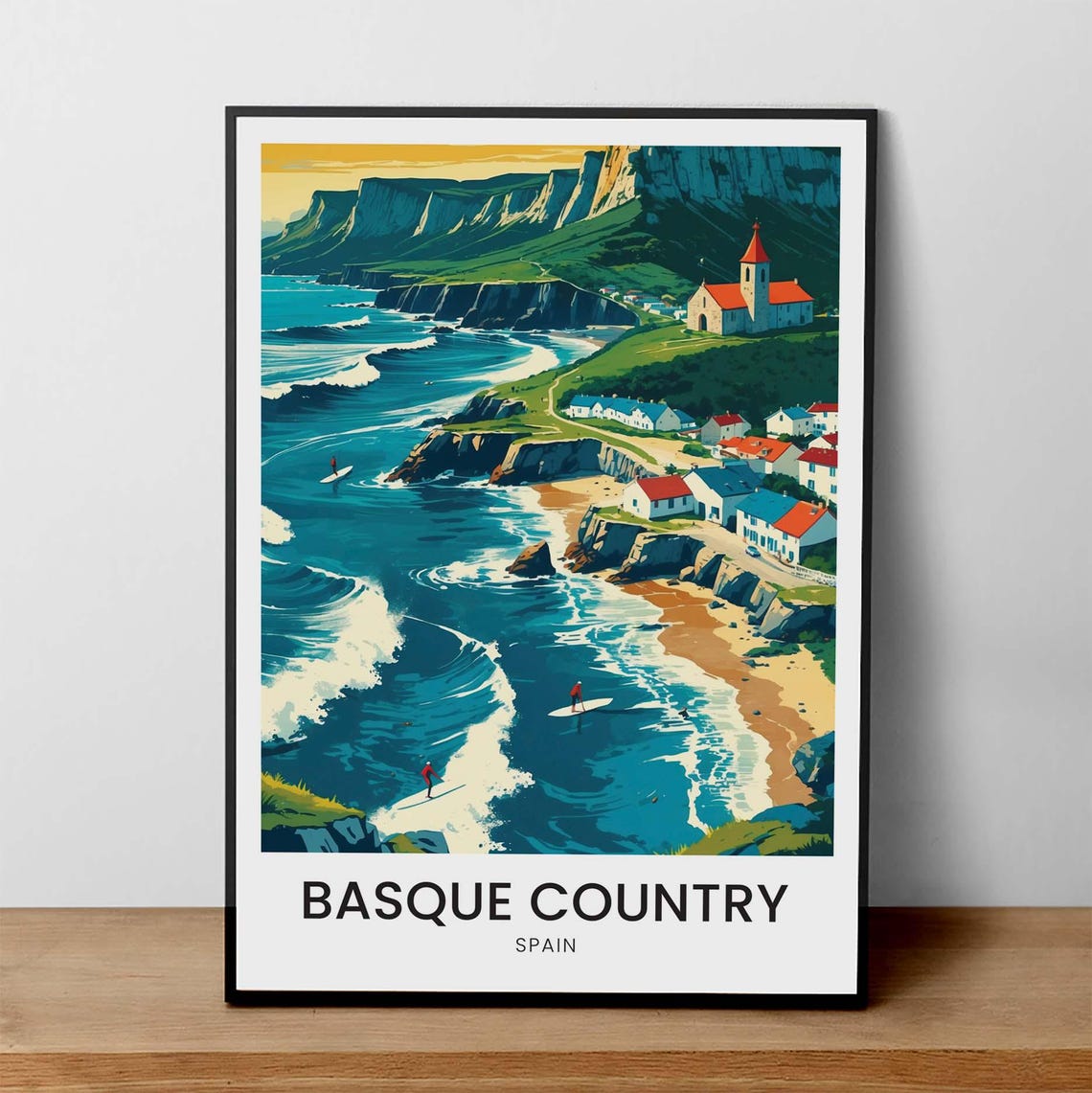 Basque Country Spain Surf Beach Village Vintage Travel Poster