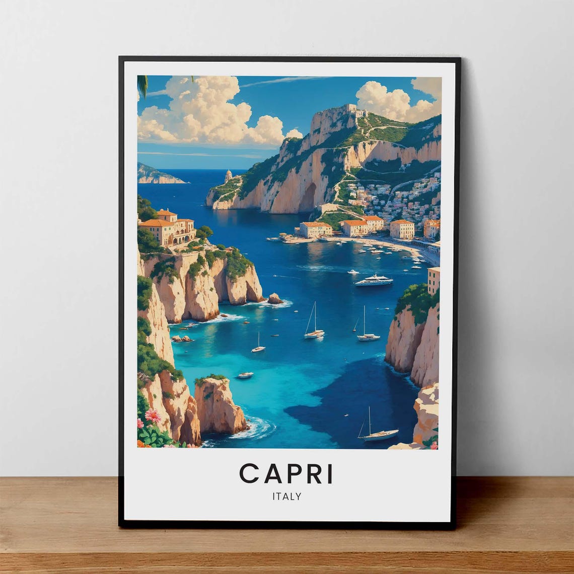 Capri Italy Coastal Cliffs Harbor Sailboats Vintage Travel Poster