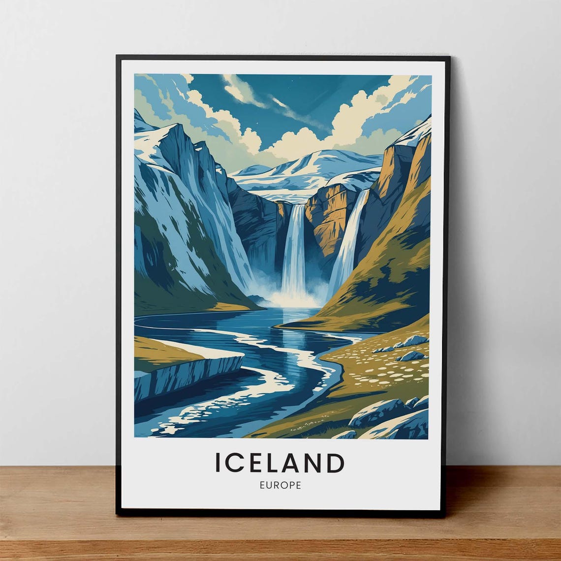 Iceland Waterfall Dramatic Mountain Valley River Nature Travel Poster