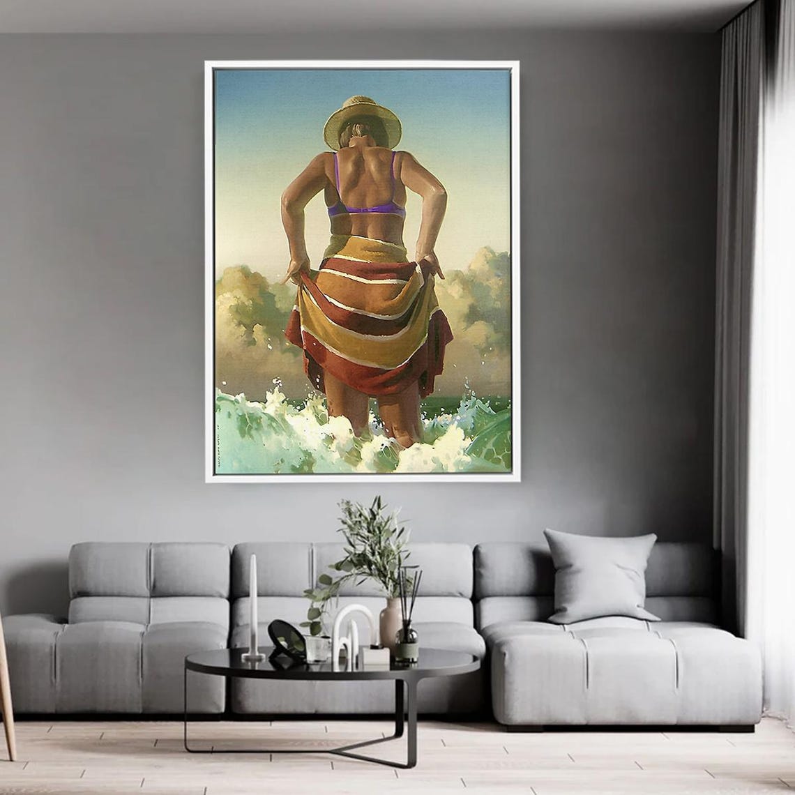 Vintage Beach Woman Bikini Towel Ocean Waves Nostalgic Summer Poster