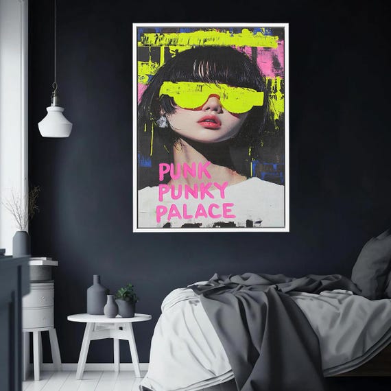 Neon Yellow Glasses Woman Portrait Punk Art Style Modern Colorful Canvas Wall