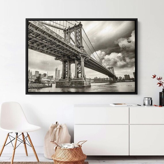 Manhattan Bridge Black and White New York City Skyline Poster