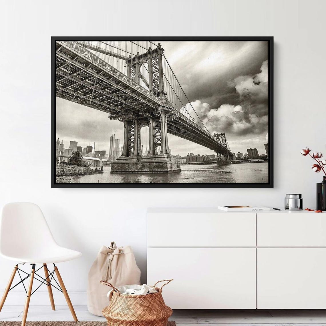 Manhattan Bridge Black and White New York City Skyline Poster