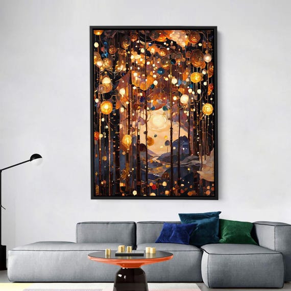 Fairy Light Forest Canvas Wall Art Dreamy Abstract Sunset Landscape Warm Lights Painting Mystical Nature Print For Living Room Decor
