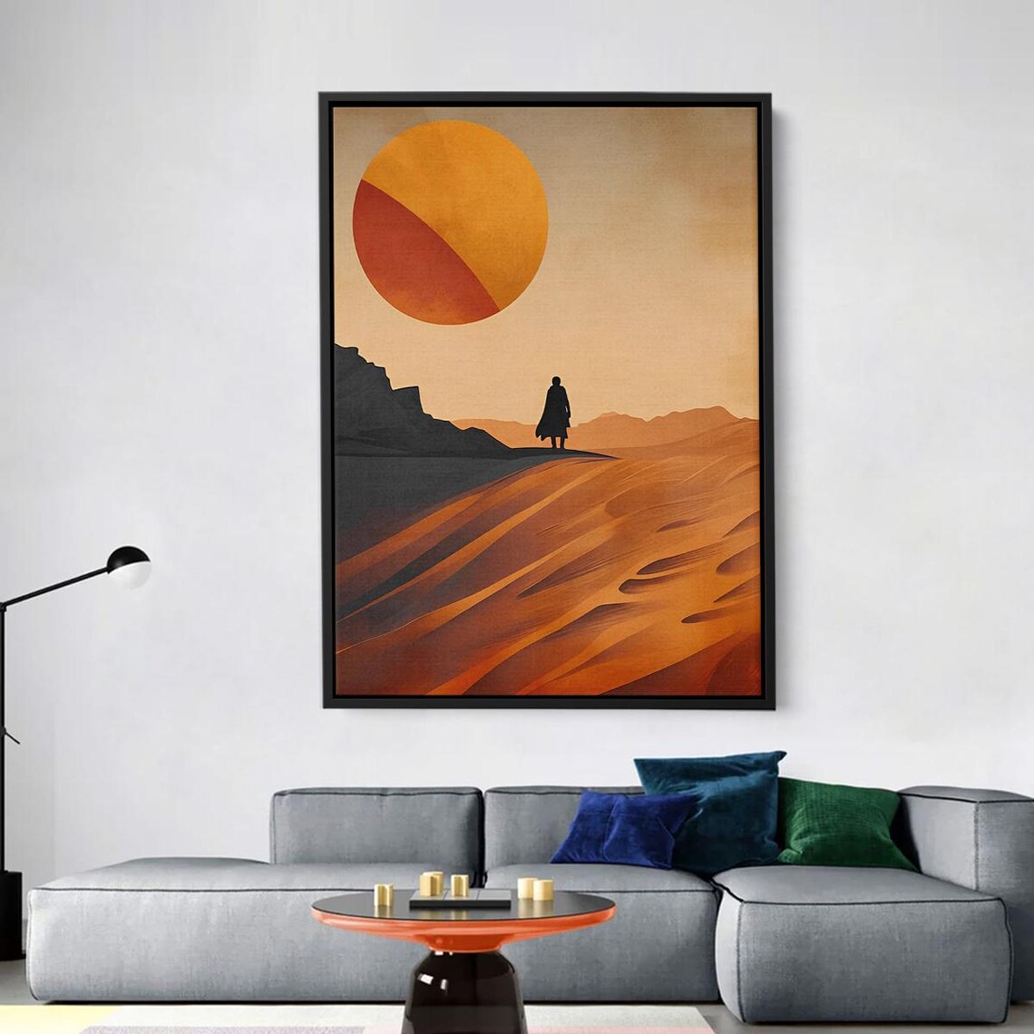 Man Under Desert Sun Minimalist Landscape Wall Art Modern Canvas In Warm Orange Tones