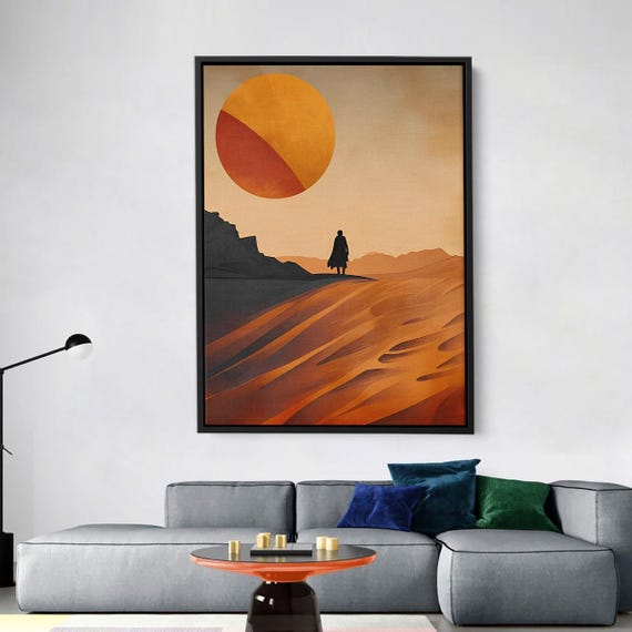 Man Under Desert Sun Minimalist Landscape Wall Art Modern Canvas In Warm Orange Tones