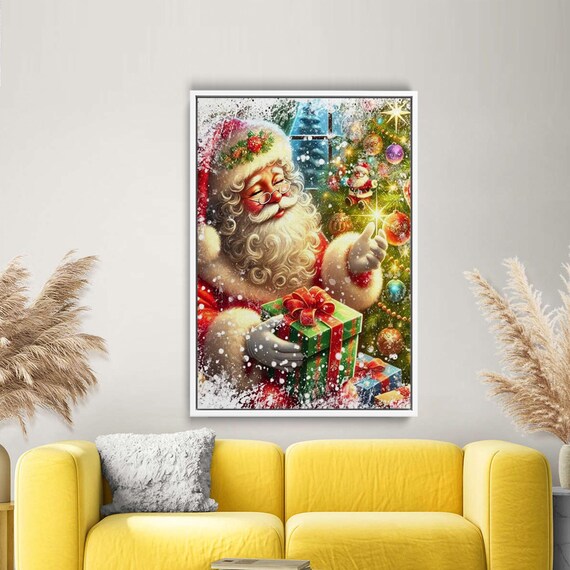 Santa Claus Holding Gift Box by Sparkling Christmas Tree Poster