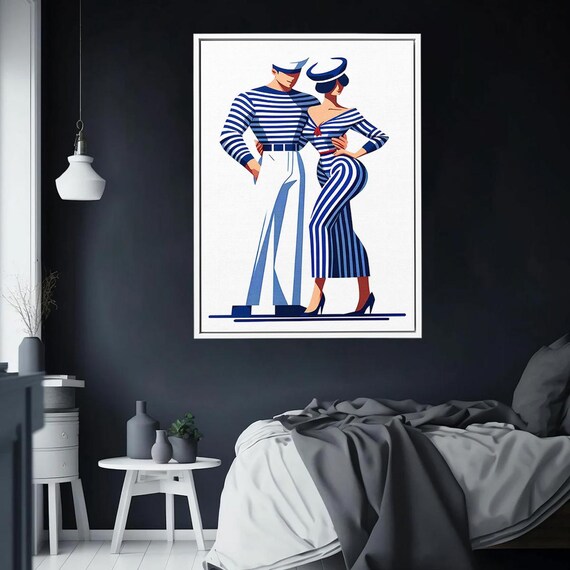 Nautical Couple Wall Art Print Modern Sailor Illustration Vintage Style Fashion Poster Minimalist Home Decor