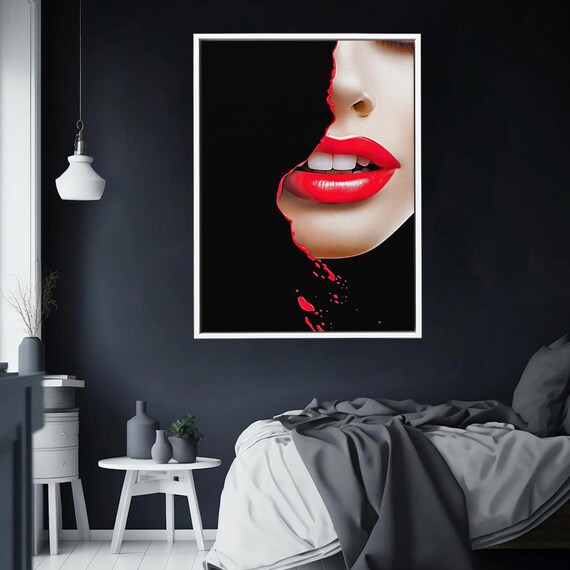 Red Lips on Black Background Bold Modern Beauty Minimalist Art Poster