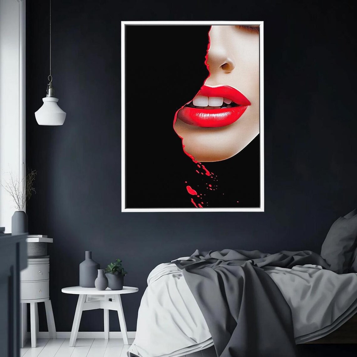 Red Lips on Black Background Bold Modern Beauty Minimalist Art Poster