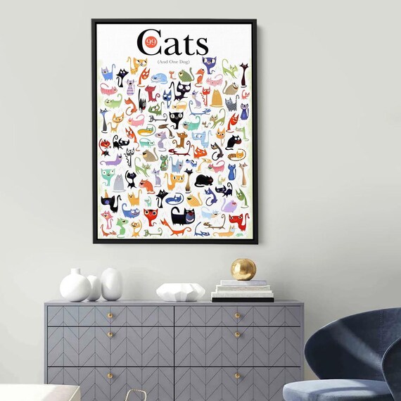 99 Cats And One Dog Funny Art Print Colorful Cat Illustration Poster Whimsical Wall Decor Cute Animal Lover Gift For Fans