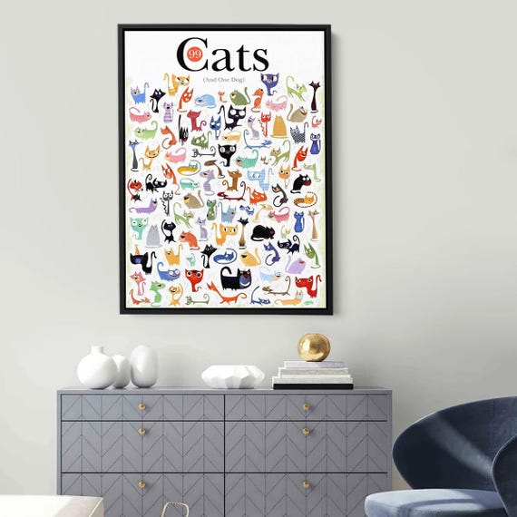 99 Cats And One Dog Funny Whimsical Colorful Cat Chart Poster