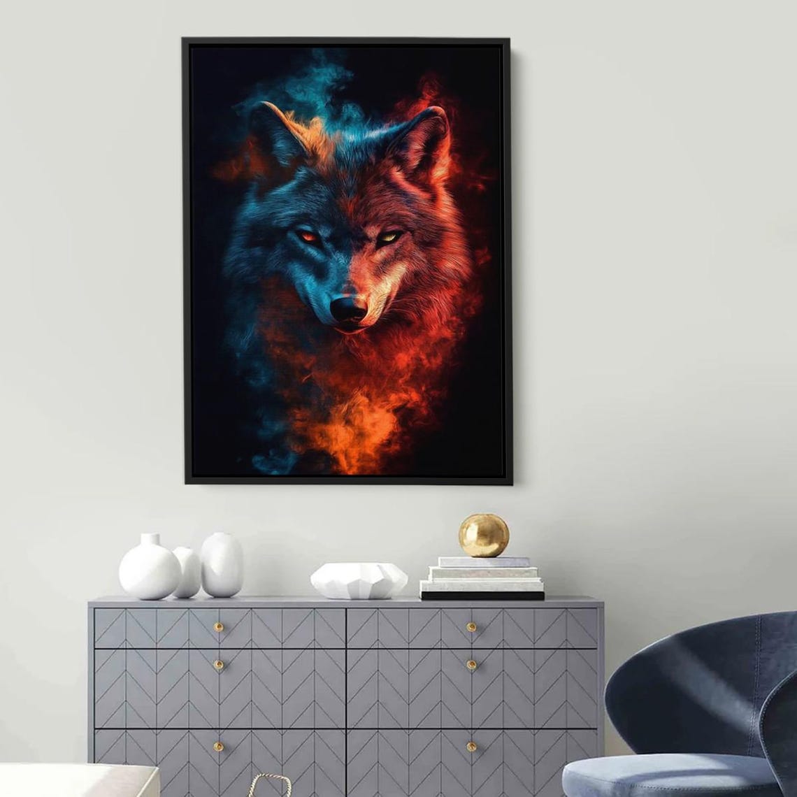 Majestic Wolf Emerging From Flames Fiery Fantasy Animal Art Poster