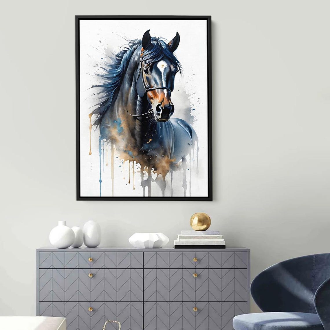 Wild Black Horse Watercolor Splash Modern Equine Portrait Poster