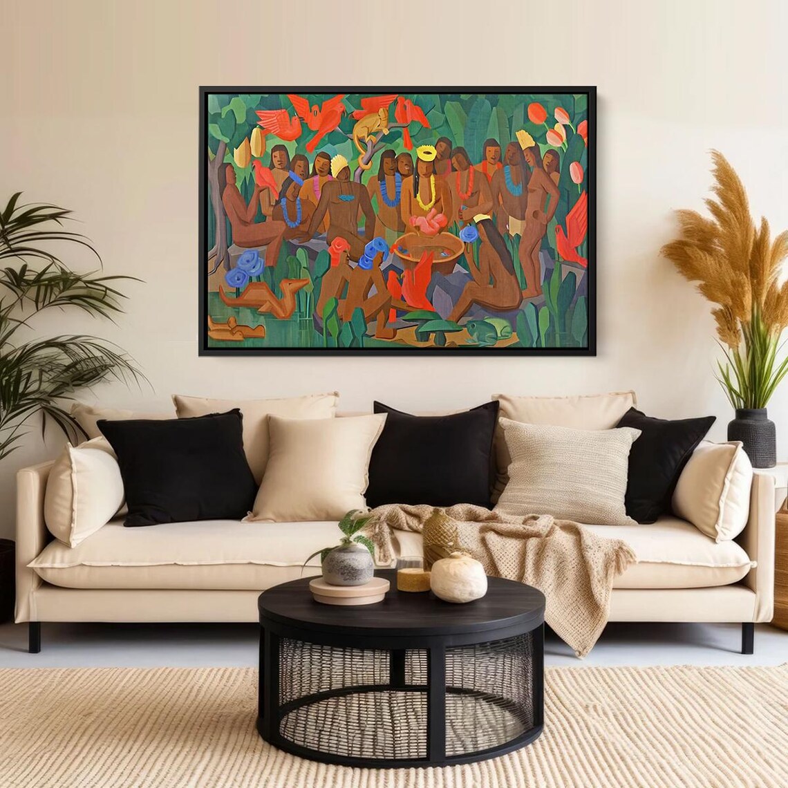 Tribal Village Scene Colorful Ethnic Folk Art Gathering Poster
