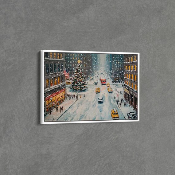 Snowy Christmas City Street with Lit Tree and Yellow Taxis Poster