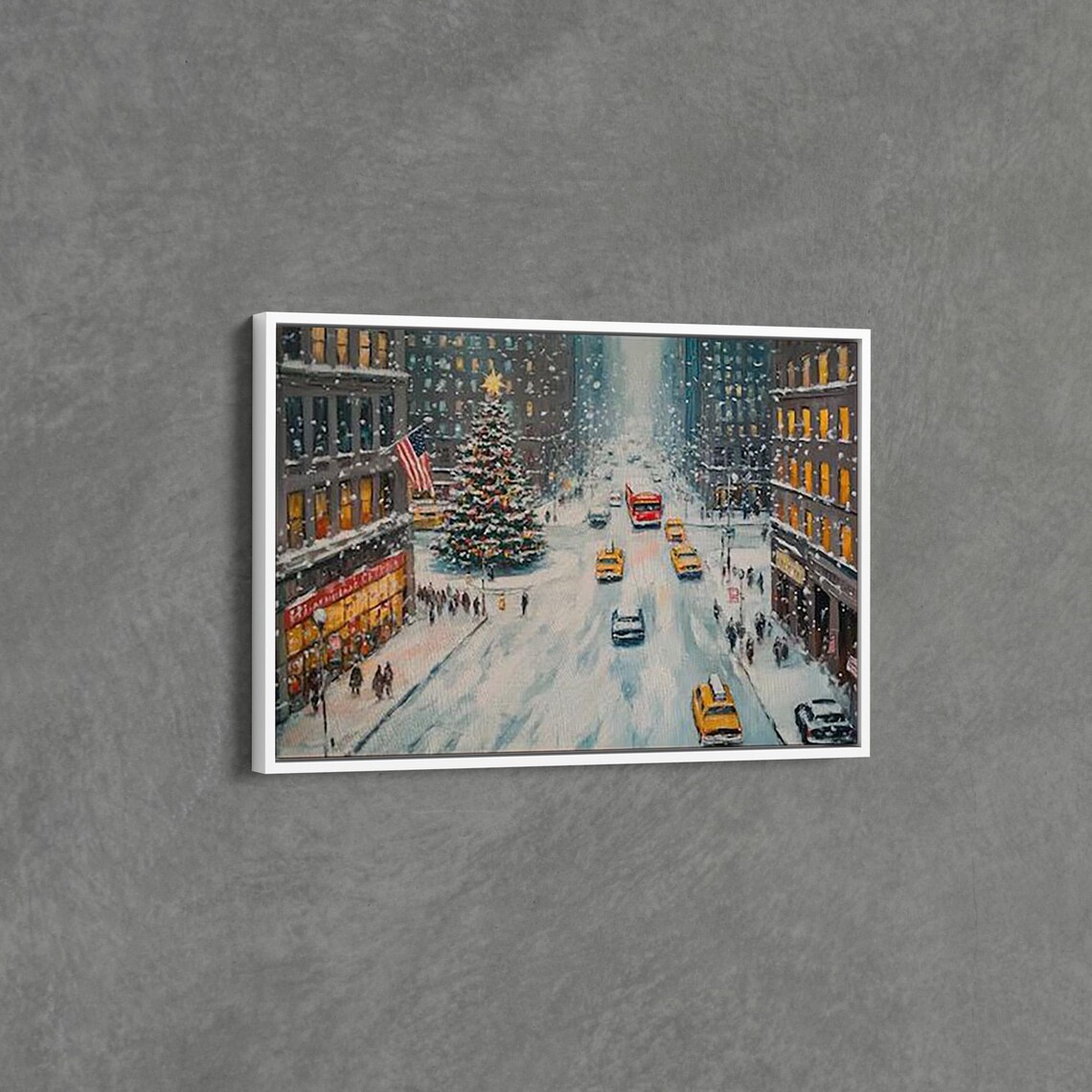 Snowy Christmas City Street with Lit Tree and Yellow Taxis Poster
