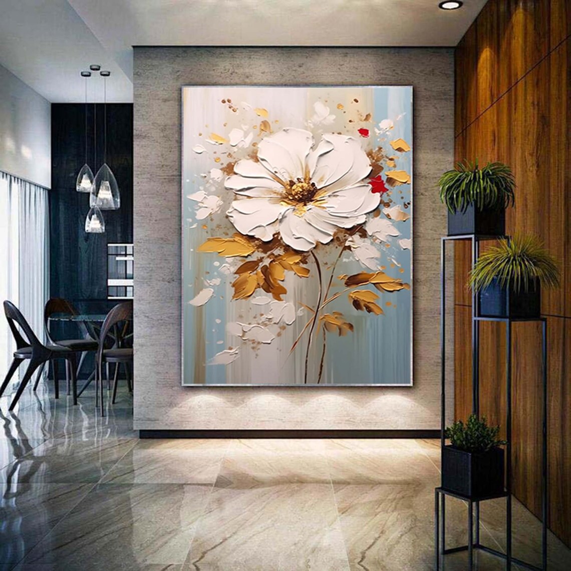 White Flower Gold Leaves Light Blue Botanical Elegant Art Poster - Image 5