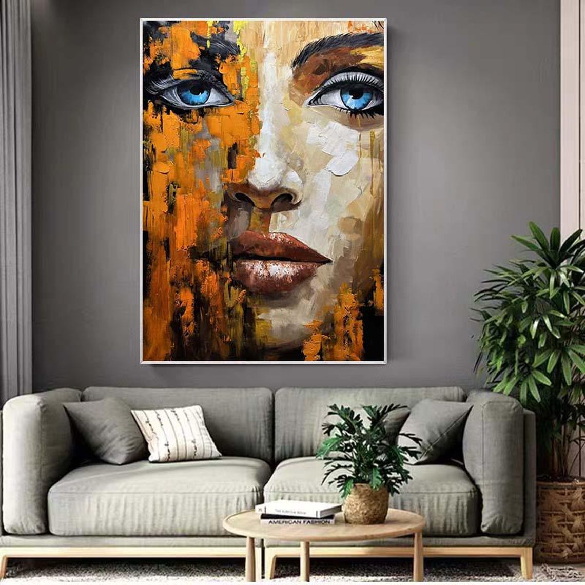 Abstract Woman Face With Striking Blue Eyes in Orange Oil Poster - Image 2