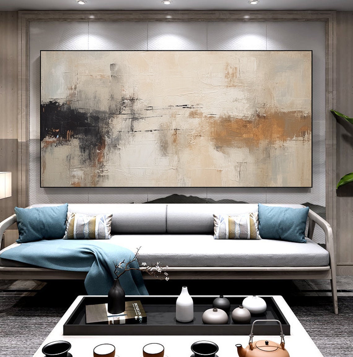 Beige Black Copper Textured Abstract Horizon Wide Living Room Poster - Image 3
