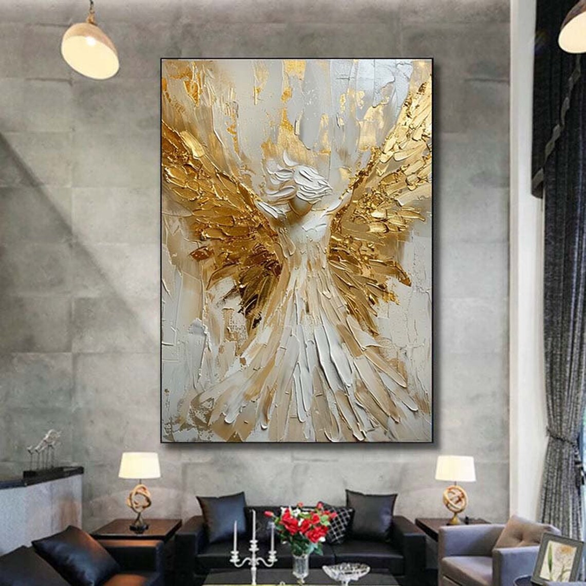 Gold Leaf Angel Wings Oil Painting Art Print - Image 6