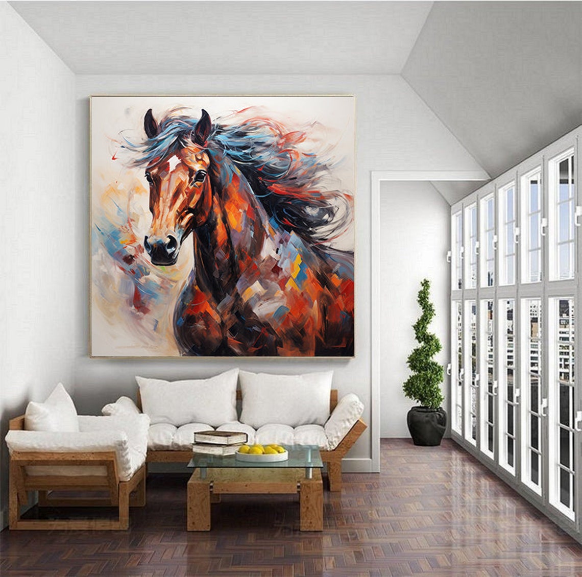 Multicolor Horse Portrait Blue Mane Abstract Oil Painting Poster - Image 3
