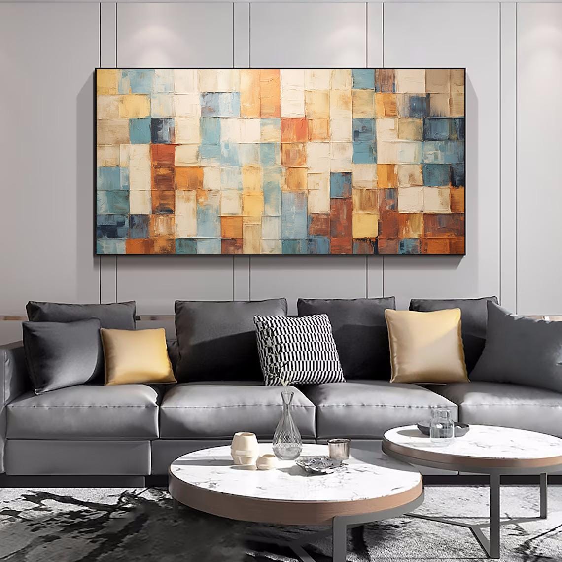 Warm Mosaic Block Grid Rust Blue Cream Horizontal Painting Poster - Image 4