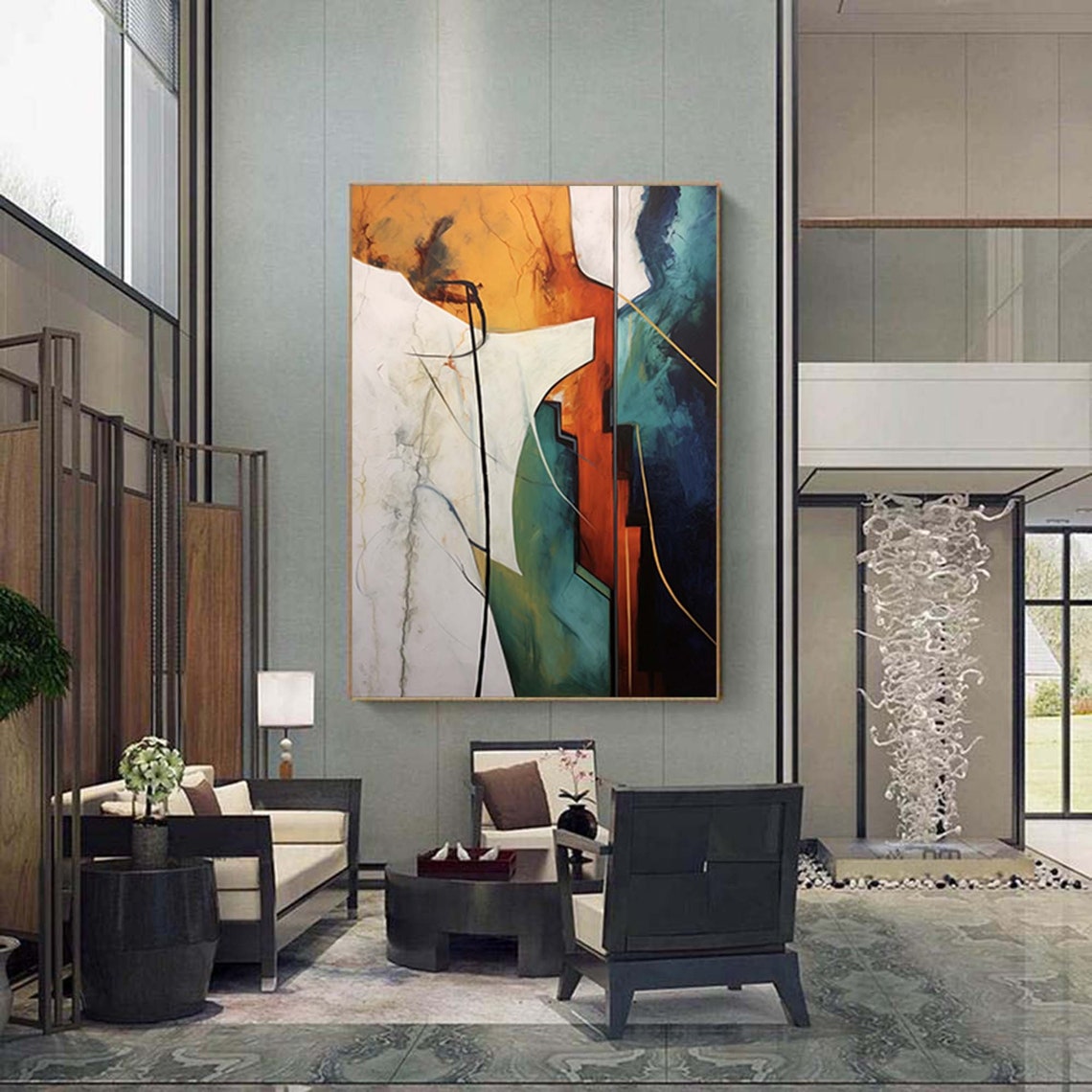 Modern Geometric Abstract Composition In Ochre Teal Navy Poster - Image 3