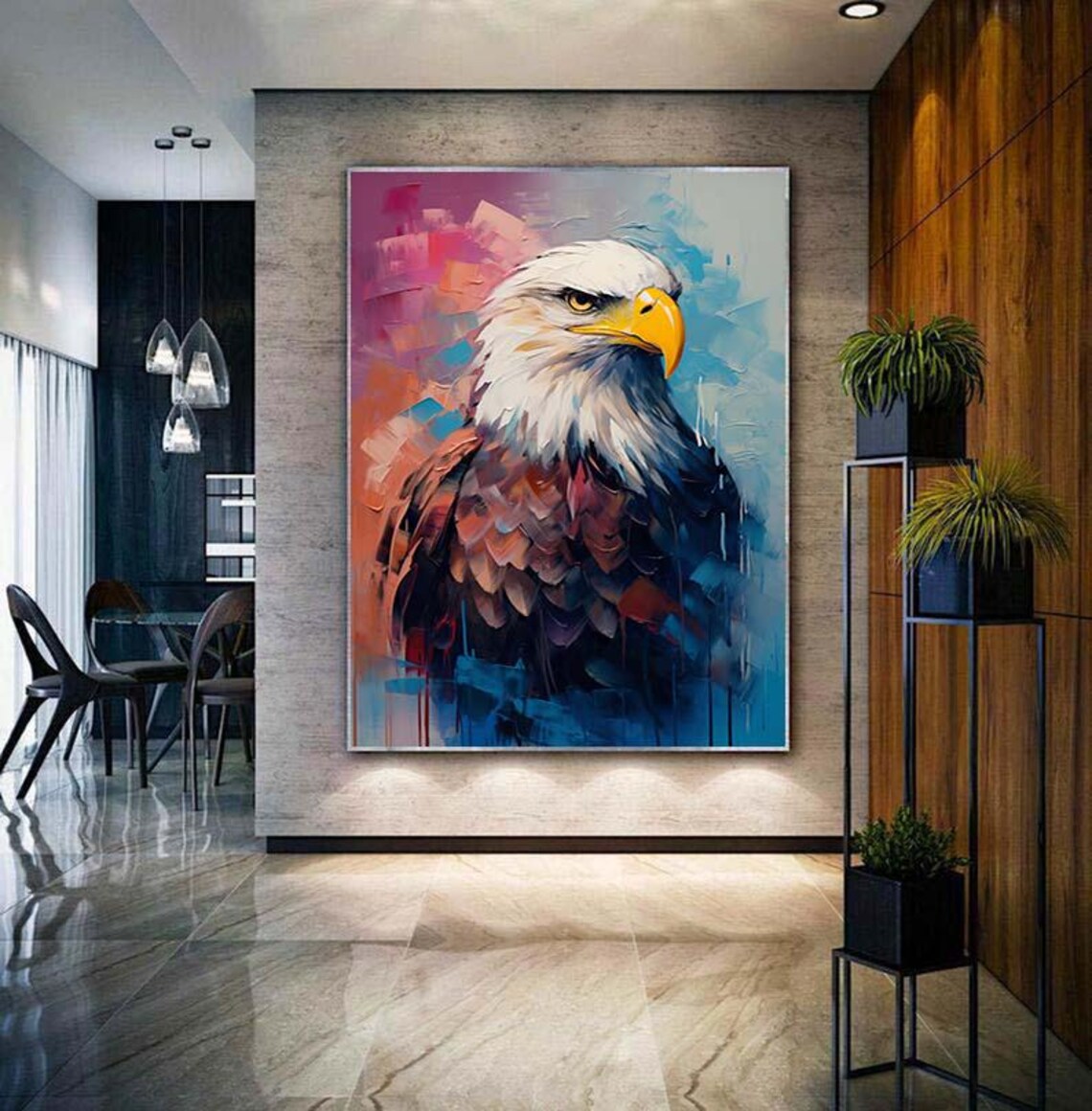 Majestic Bald Eagle Portrait Against Pink and Blue Oil Poster - Image 4