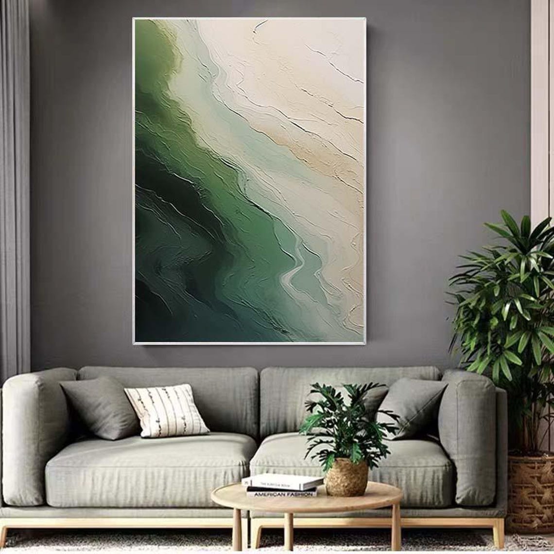 Emerald Green Beige Textured Abstract Flowing Waves Wall Poster - Image 2