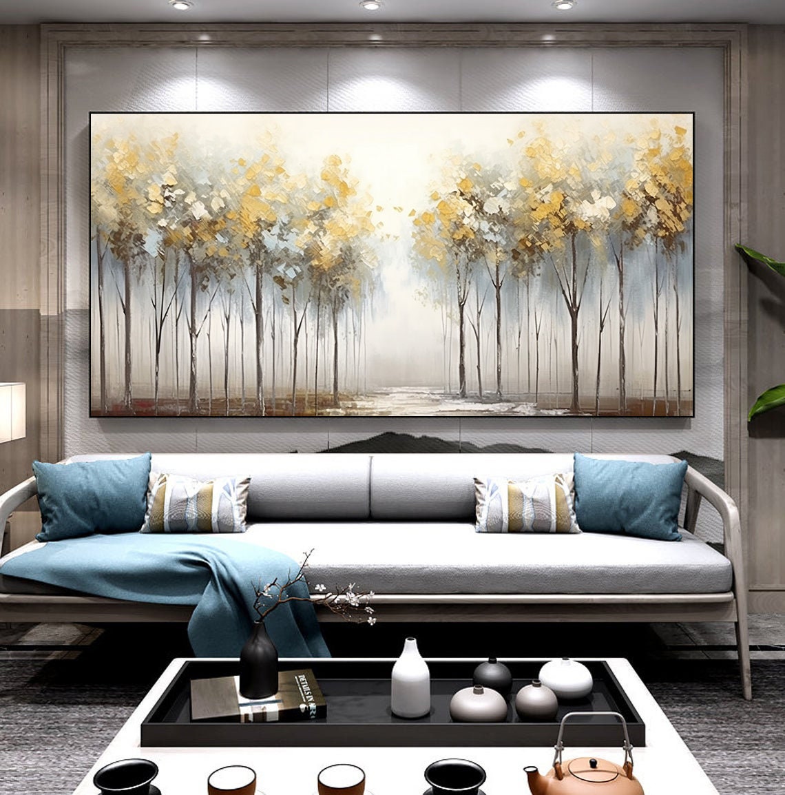 Golden Misty Forest Trees Landscape Oil Painting Serene Poster - Image 5