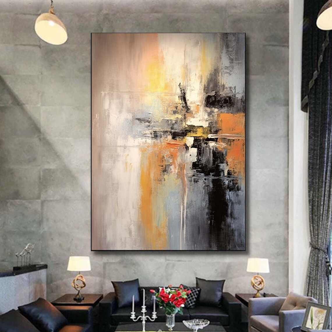 Warm Neutral Orange Grey Abstract Oil Painting for Living Room Poster - Image 4