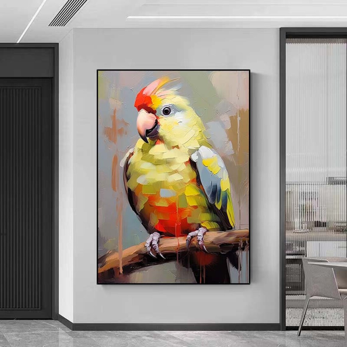 Yellow Green Parrot Portrait Perched On Branch Impasto Poster - Image 5