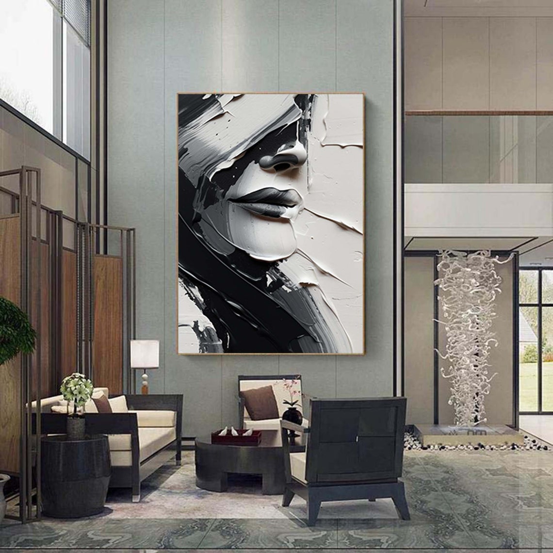 Black White Abstract Face Profile Textured 3D Oil Painting Poster - Image 3