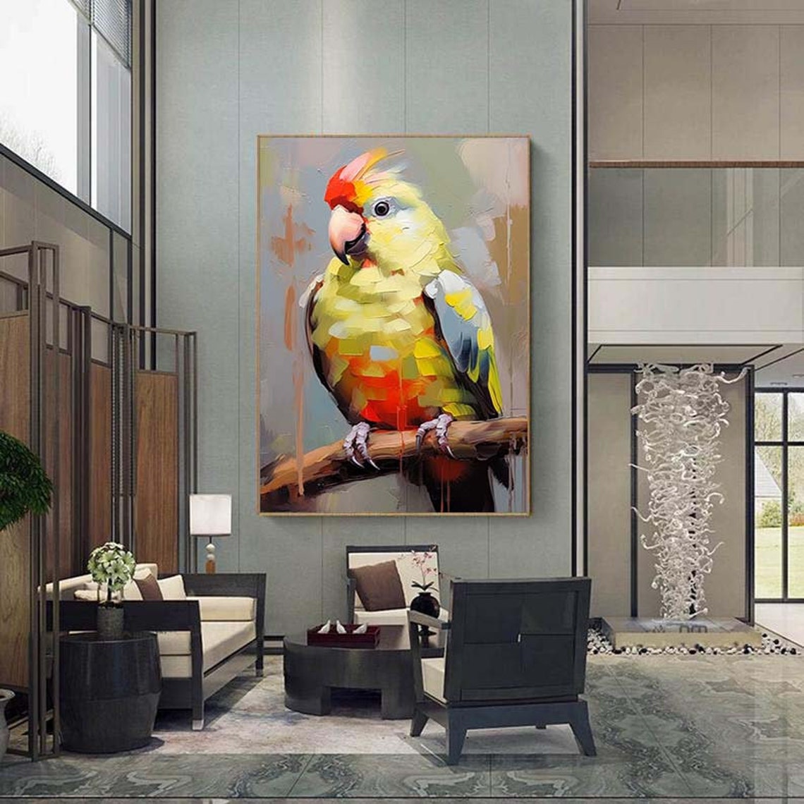Yellow Green Parrot Portrait Perched On Branch Impasto Poster - Image 4