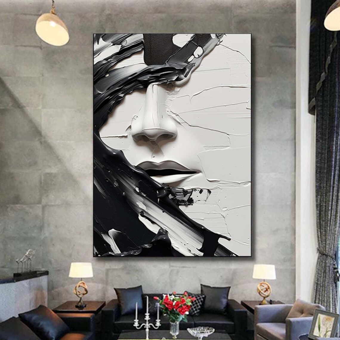 Abstract Black and White Face Oil Painting, Wall Art Print - Image 3