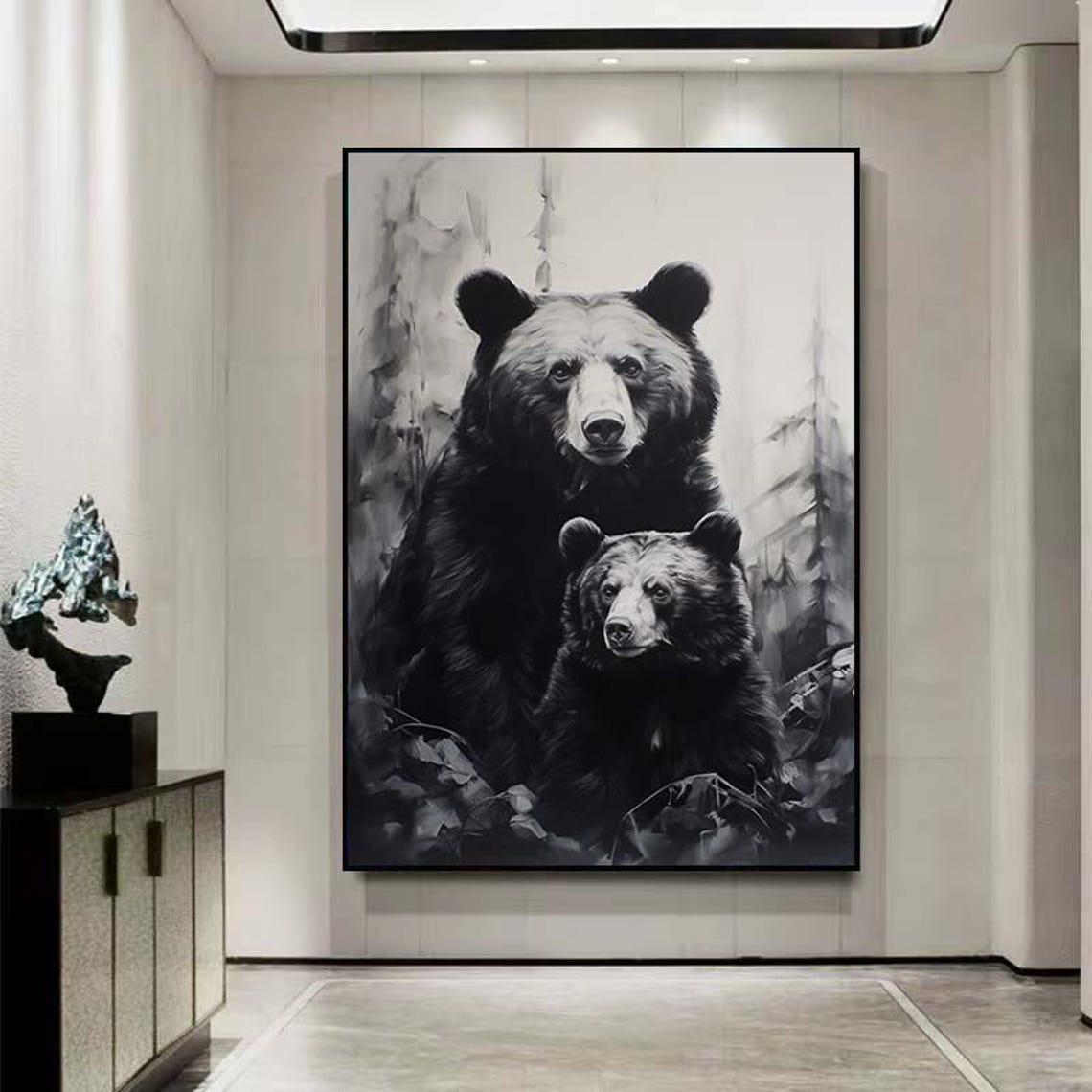 Striking Black And White Bear Mother And Cub In Forest Poster - Image 2