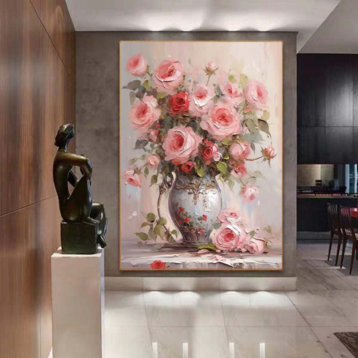 Pink Roses Bouquet in Vintage Vase Oil Painting Floral Poster - Image 6
