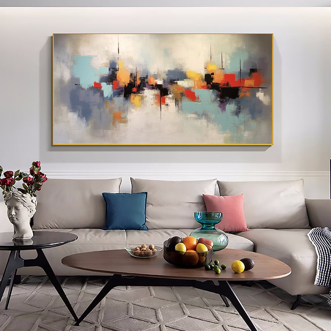 Color Block Red Teal Orange Wide Modern Abstract City Poster - Image 2