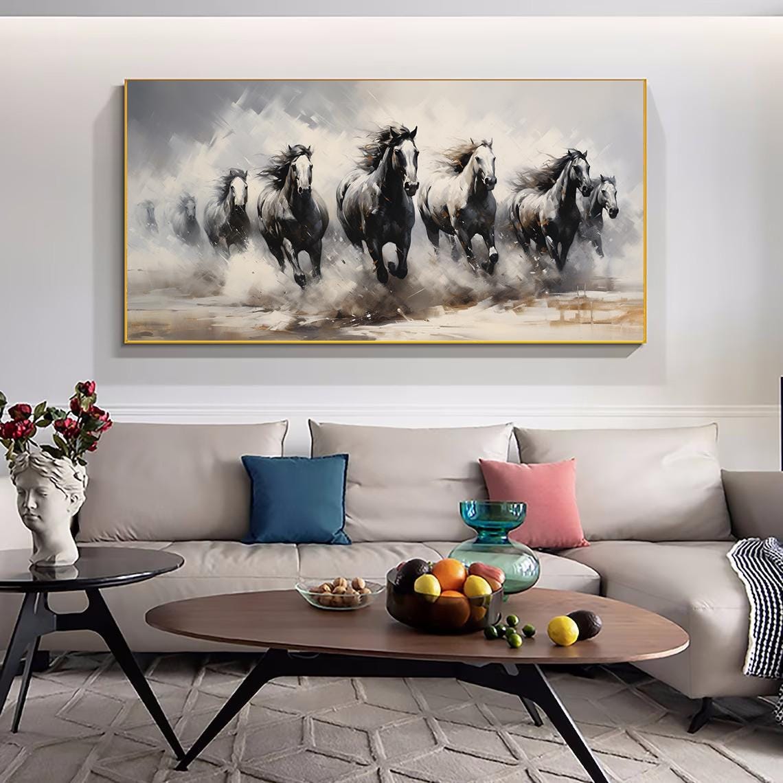 Wild Horses Running Through Mist Monochrome Herd Painting Poster - Image 2