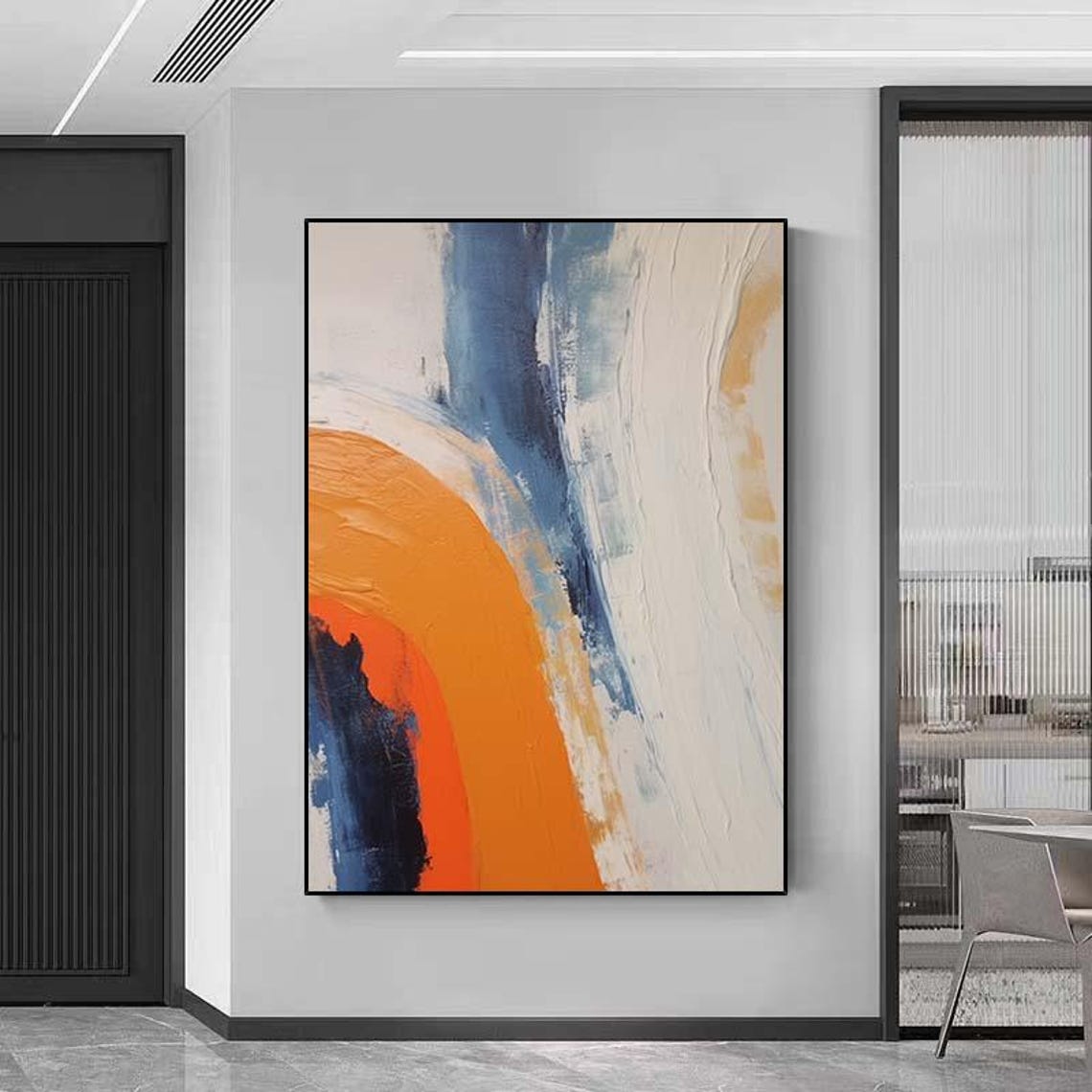 Bold Orange Rainbow Arc Abstract Sweeping Over Blue White Poster - Image 6