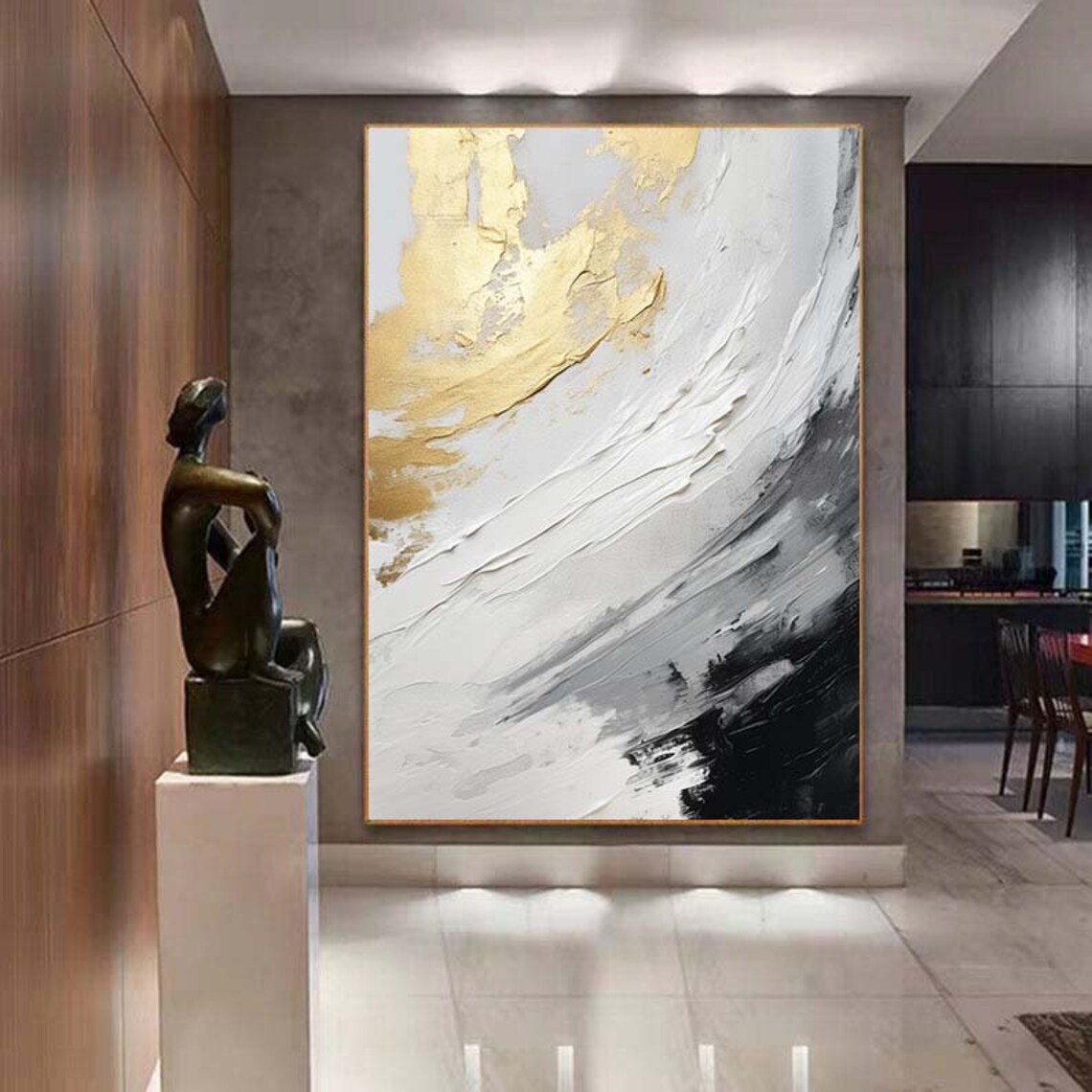 White Gold Grey Sweeping Abstract Impasto Modern Painting Poster - Image 6