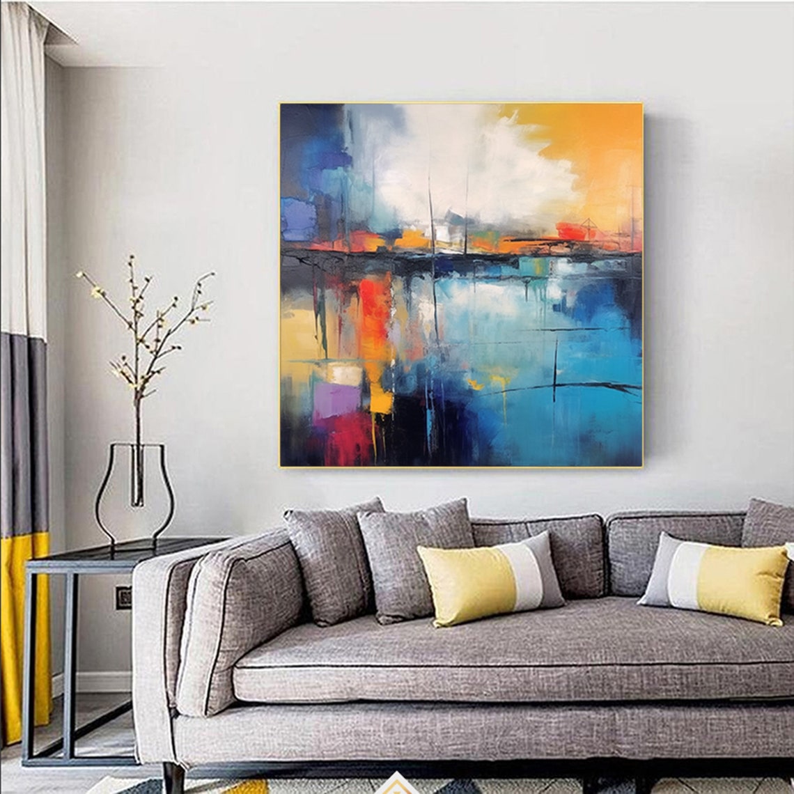 Abstract Harbor Reflection Painting In Blue Orange And Red Poster - Image 5