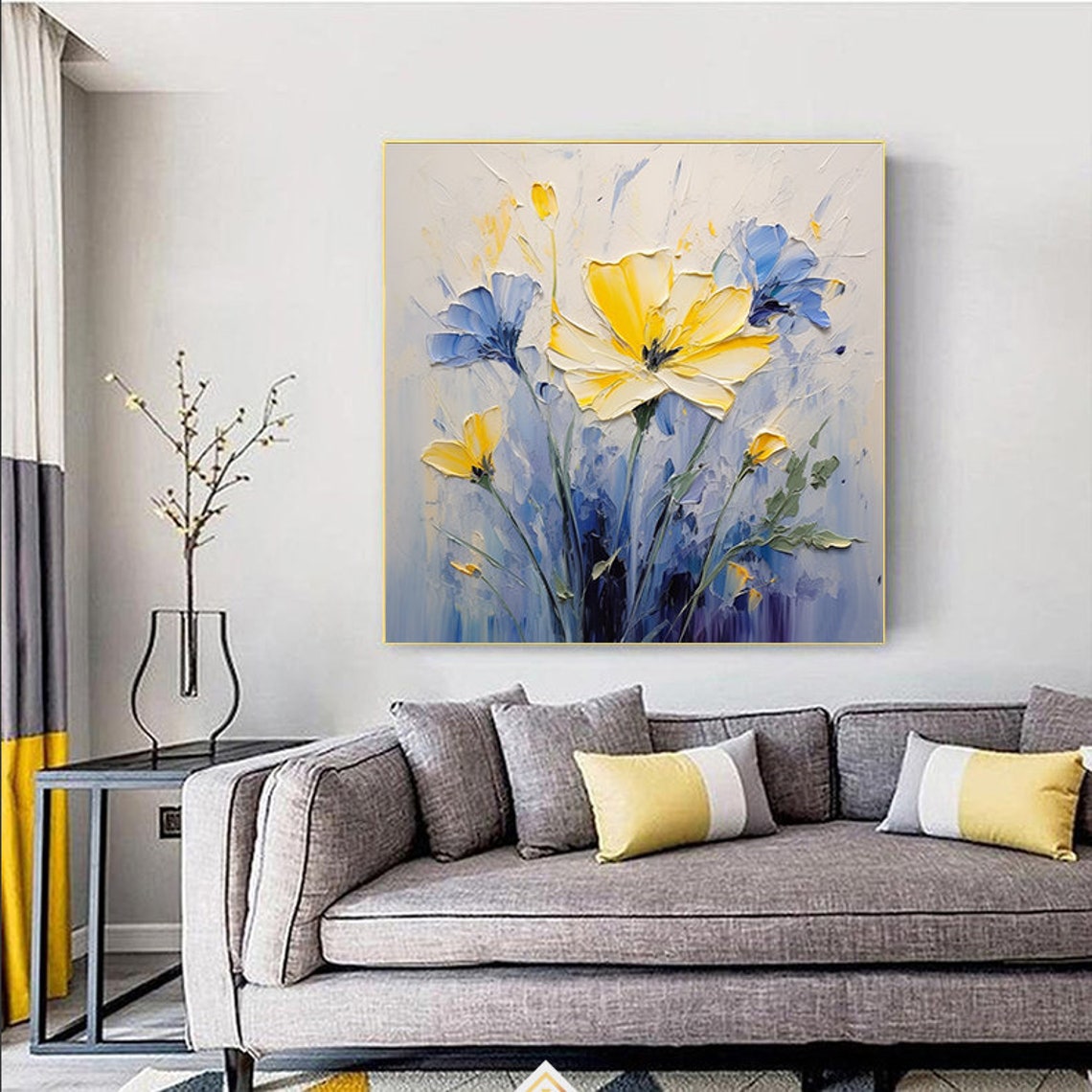 Yellow Spring Flowers and Blue Blooms Palette Knife Oil Poster - Image 6