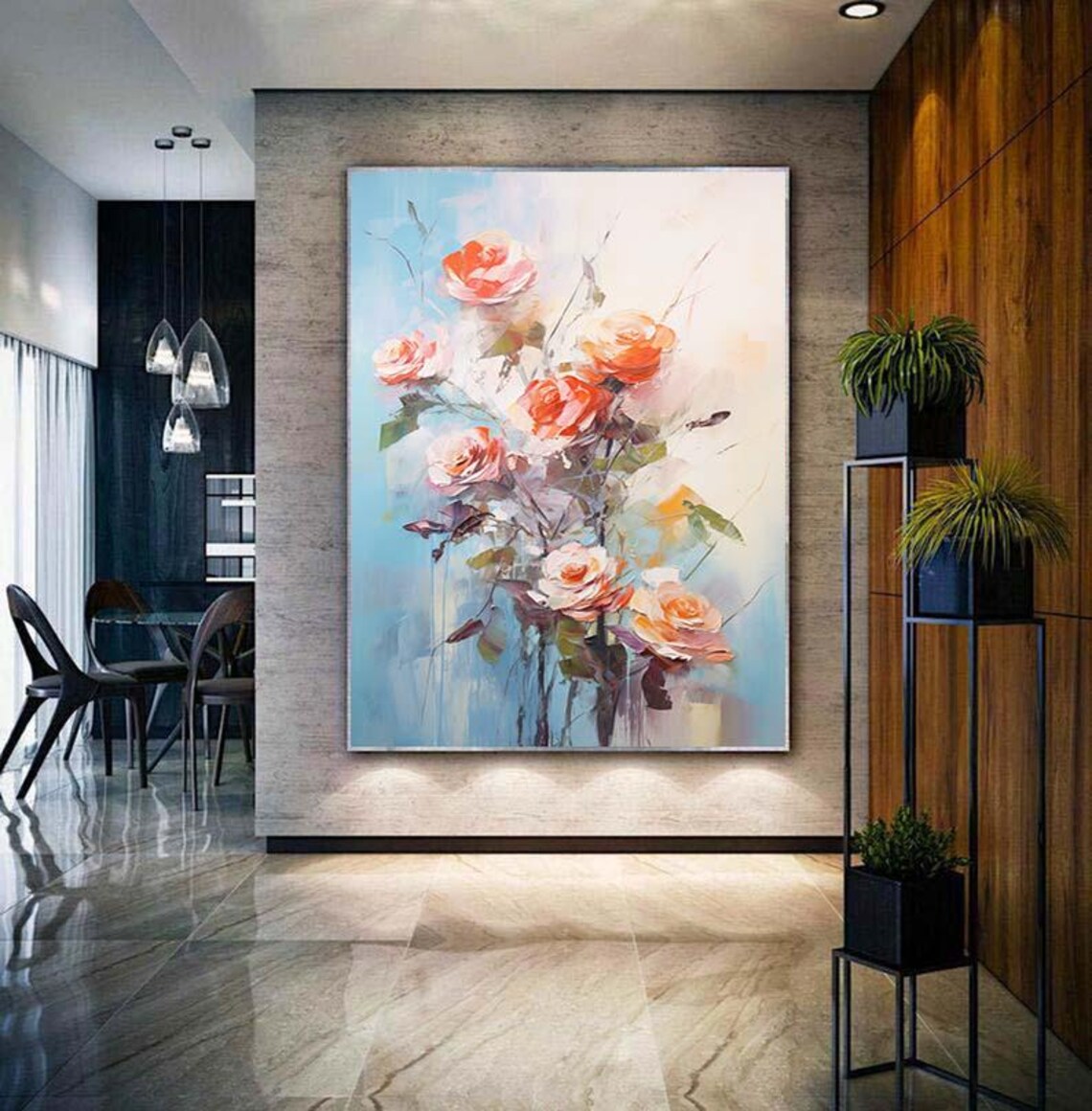 Coral Pink Roses Soft Blue Floral Impasto Painting Wall Poster - Image 3