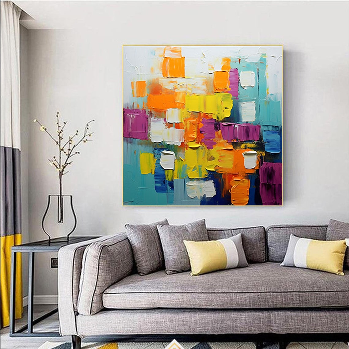 Cheerful Orange Yellow Teal Palette Knife Abstract Blocks Poster - Image 3