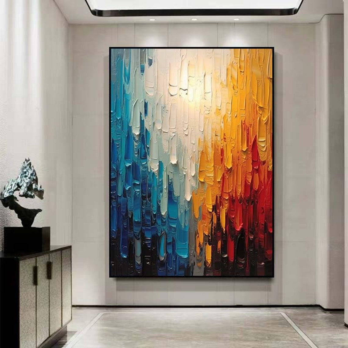 Blue to Crimson Palette Knife Ombre Drip Abstract Vertical Wall Poster - Image 2