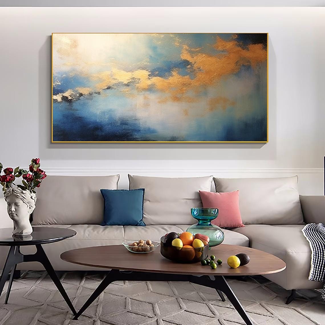 Gold Clouds Over Blue Sea Abstract Sky Modern Painting Poster - Image 2